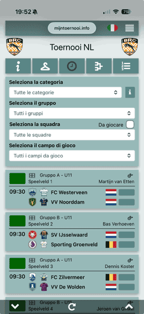 Actueel wedstrijdprogramma met gekoppelde speelvelden