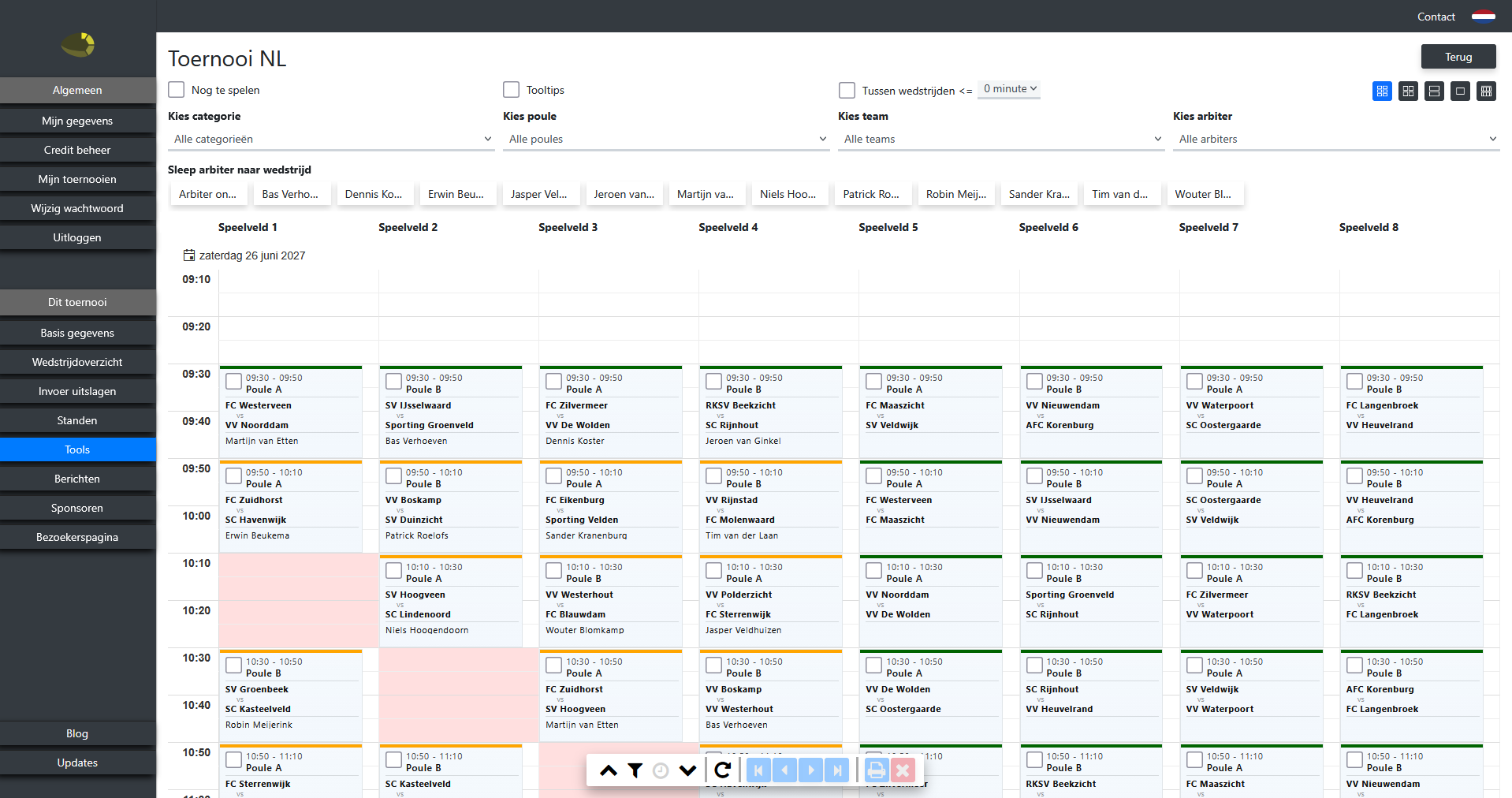 Scheidsrechtersplanner en grafisch toernooischema met live doorstroom